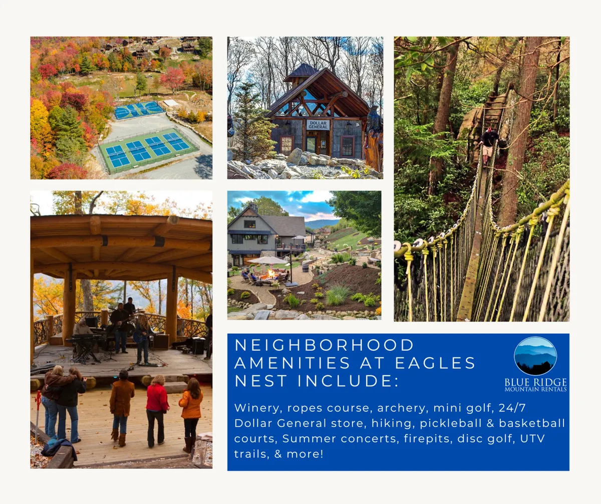A vibrant exterior view showing a multi-sport court, a wooden gazebo, a luxurious lodge, a hiking rope bridge, and an outdoor concert stage. The scene is energetic, with people enjoying hiking, live music events, mini golf, and archery, set amidst lush greenery and mountain views.